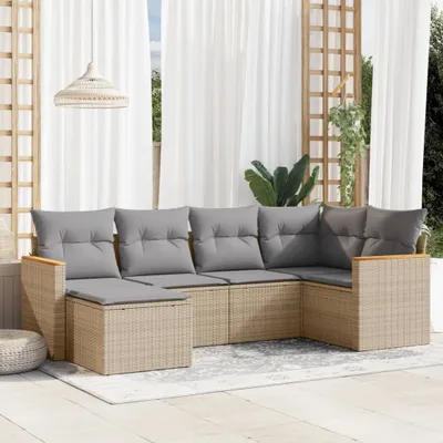 Produktbild von Design 6-tlg. Garten-Sofagarnitur mit Kissen Beige Poly Rattan, Gartenmöbel-Sets 2024 Neu