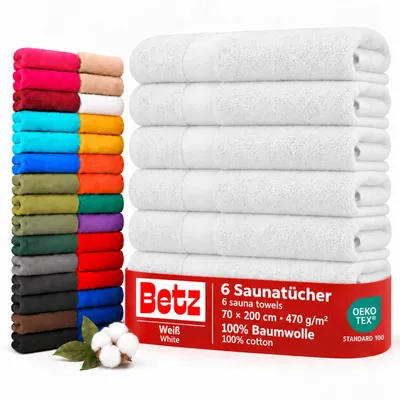 Image de Betz, lot de 6 serviettes de sauna, 70 x 200 cm, qualité PREMIUM, 100% coton. Serviette de bain, serviette de plage, serviette de sol. Couleur : blanc