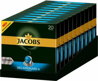 A display box of Jacobs Decaffeinato 6 Lungo coffee capsules.