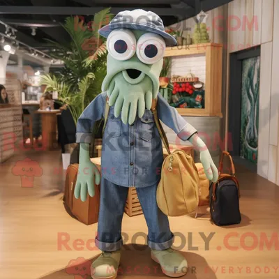 Produktbild von Maskottchenkostüm REDBROKOLY Olive Squid mit Chambray-Hemd und Tragetaschen