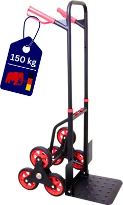 Produktbild von Klappbarer Profi-Treppensteiger TAURUS 150  mit  | Traglast 150kg | HxBxT 110x45x61cm | Stahlrahmen, ergonomische Griffe, pannensichere Vollgummibereifung | Rot-Schwarz | Sackkarre Transportkarre Staplerkarre