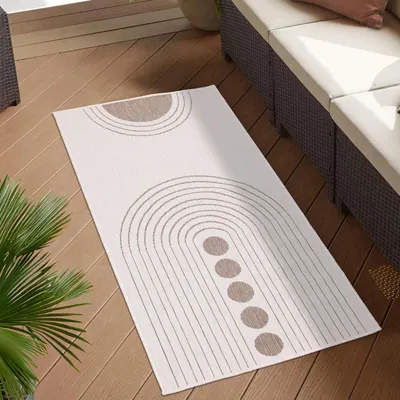 Produktbild von Teppich Outdoor Wetterfest - Beige, Creme - Wendeteppich - 80x150 cm - Kreis-Muster