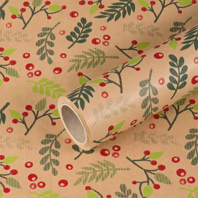 Produktbild von Geschenkpapier Zweige, Grün, Rot, 0,70 x 10 m, Kraftpapier - Geburtstagspapier