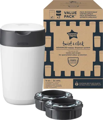 Obrázok produktu pre Kôš na plienky Tommee Tippee Twist and Click Advanced s 2 kazetami na doplnenie, zaručená ochrana proti zápachu a baktériám, veľká kapacita (balenie sa môže líšiť)