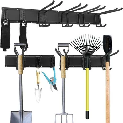 Produktbild von Garage-Organisator mit 6 Regulierbaren Metallhaken für Gartenwerkzeuge - Wandmontiert - für Besen, Egge, Schere, Bohrmaschine