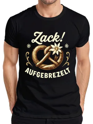 Productafbeelding van Zack Aufgebrezelt Bretzel Tracht Edelweiß Wiesn Grappig Heren T-shirt, Zwart, 3XL