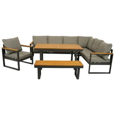 A complete outdoor dining and lounge set with a sectional sofa, armchair, table, and bench, presented on a white background.