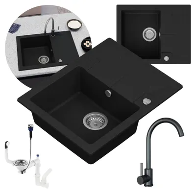 Produktbild von GRANMASTER Caro Granitspülbecken Komplett-Set mit Schwarzer Edelstahl-Küchenarmatur, Automatischem Syphon und Imprägniermittel hitzebeständig, moderne