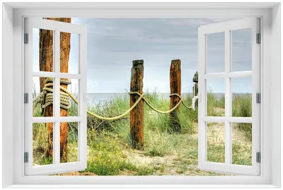 Produktbild von Wallario Premium Glasbild mit Fensterrahmen, freischwebende Optik, kräftige Farben, Größe 60 x 90 cm Motiv Düne am Strand mit Holzpfahl