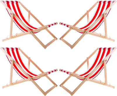 Four red and white striped deck chairs arranged in a square formation on a white background.
