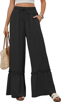Produktbild von ASKSA Damen Leichte Weite Hosen Laessig Leicht Sommerhose Hohe Taille Palazzo Hose mit Taschen (Schwarz,XXL)