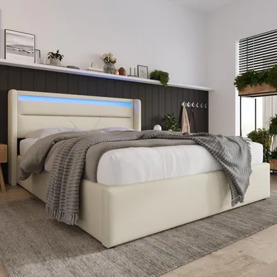 Image de MODFU Lit Coffre Double 160x200 avec Éclairage LED et Coffre Spacieux Relevable, RevêtementPolyuréthaneStructuré, Design Élégant - Blanc - Matelas Inclus