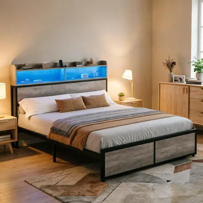 Produktbild von Doppelbett mit Kopfteil, LED Bettgestell 180 x 200 cm, mit Regalböden USB-Anschlüsse und Stecker, Bettrahmen Metallbett, Grau