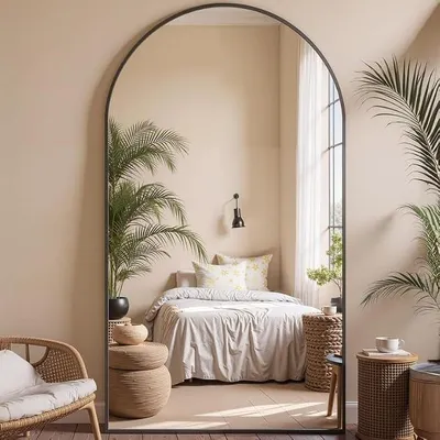 Imagen del producto de Espejo de cuerpo entero, con forma de arco, de 46" x 90", con marco de aluminio dorado, que se puede colocar de pie, colgar en la pared o apoyado, ideal para dormitorios, salones o vestidores, color