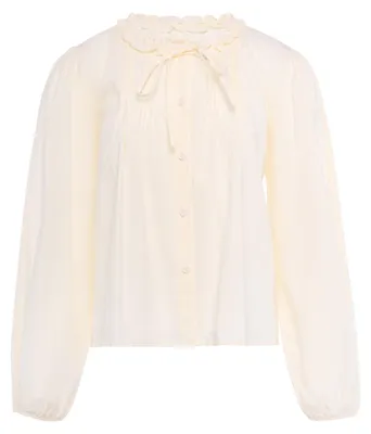 Produktbild von Weiße Damen Bluse S im Boho-Stil mit Bischofsärmeln und Rüschenkragen