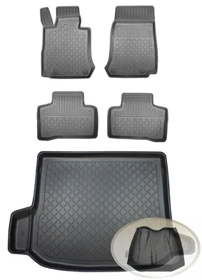 Produktbild von SET Kofferraumwanne Gummifußmatten für Mercedes GLC Coupé 4Matic Allradantrieb C253 Coupé Geländewagen SUV 5-türer 2016- linke Ausbuchtung bei Netztasche abschneidbar
