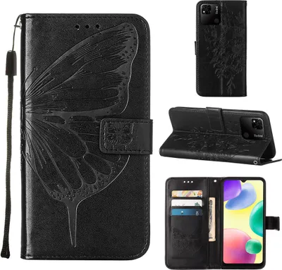 Produktbild von Redmi 10A Hülle, Schmetterling Prägung Flip Leder Kartenfächer Schutzhülle Ledertasche mit Ständer für Xiaomi Redmi 10A Schwarz