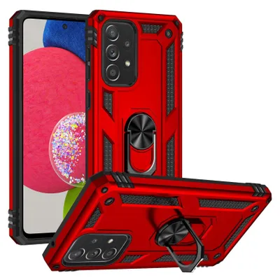 A red phone case with a ring holder is shown from multiple angles against a white background.