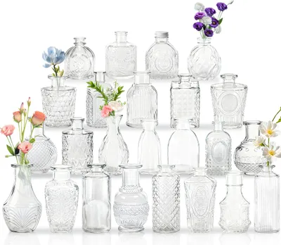 Image de UISEBRT 24 pcs. Set de mini vases en verre, vases de table vintage - Transparents Petits vases pour fleurs & bourgeons, élégants et complets avec un appel intemporel