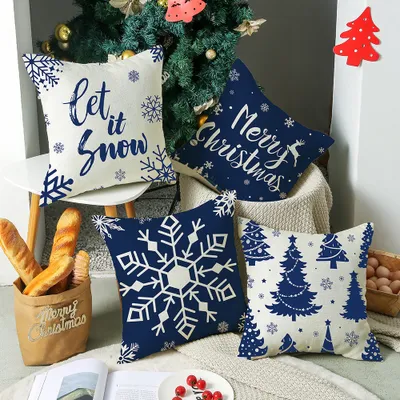 Obrázok produktu pre Vianočné obliečky na vankúše, 4 kusy, vianočné dekorácie, vianočné obliečky na vankúše, na pohovku, gauč, modré obliečky na vankúše so snehovou vločkou a stromčekom, modré, 45cm, 45cm