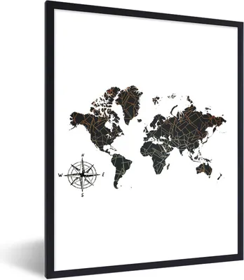 Produktbild von MuchoWow® Gerahmtes Poster Weltkarte - Schwarz - Abstrakt 60x80 cm - Poster mit Schwarzem Bilderrahmen Wandposter Rahmen Foto Bilder - Premium - Wanddeko Wohnzimmer