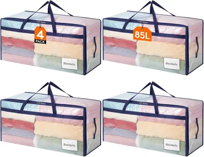Productafbeelding van 90 L verhuiszakken met handvat - Set van 4 - Opbergtas voor dekbedden - Grote tas met ritssluiting - Beddengoed