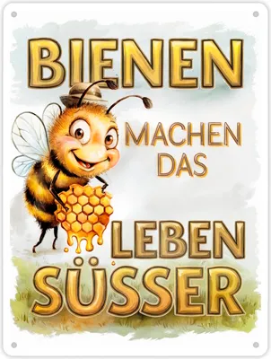 Produktbild von Bienen machen das Leben süßer Metallschild XL in 21x28 cm Biene mit Honigwabe