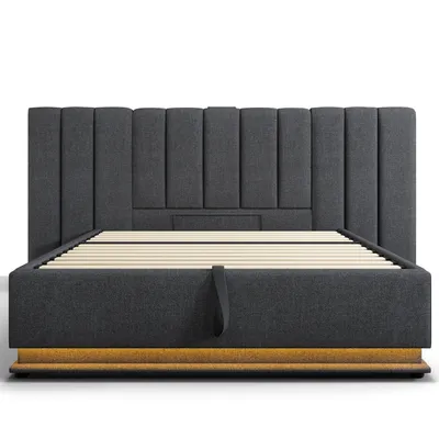 Produktbild von Flieks Hydraulisches Polsterbett 160x200cm mit Ladefunktion, Doppelbett Boxspringbett Jugendbett mit LED, Stauraumbett mit Lattenrost, Leinen, Grau