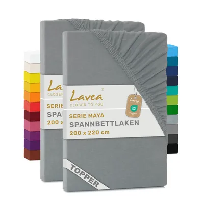 Zdjęcie produktu dla Zestaw 2 sztuk prześcieradeł elastycznych Lavea® o wymiarach 200x220 cm, wykonanych w 100% z bawełnianej dzianiny – do materacy o grubości do 12 cm – miękkie, w kolorze jasnoszarym