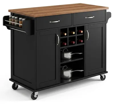 Image de Îlot de cuisine mobile Premium, noir, sur roulettes, plan extensible et rangements