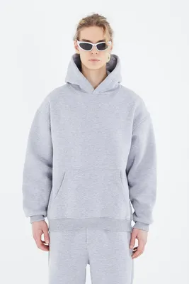 Produktbild von Oversize Hoodie einfarbig Basic Baumwolle Premium Kapuzenpullover Uni (XL) Grau-Melange