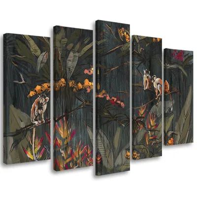 Produktbild von 5-teiliges leinwandbild affen im dschungel 100x70 cm Feeby schwarz wandbild bereit zum aufhängen