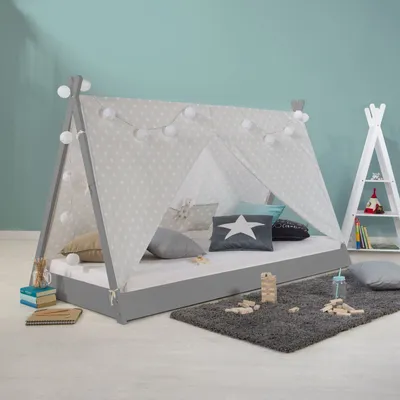 Produktbild von Homestyle4u 1967, Hausbett Kinderbett 90x200 Tipi Bett Holzbett Grau Lattenrost