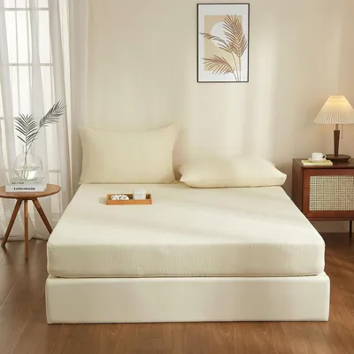 Productafbeelding van Hoeslaken, 200 x 200 cm, 100% katoen, beige, mulin laken, 200 x 200 cm, katoen, zacht, ademend, behaaglijk, voor matrassen van 30 cm