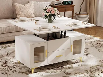 Produktbild von VOWNER Höhenverstellbarer 3-in-1-Couchtisch mit Schublade und Stauraum, umwandelbar in Esstisch, Weiß