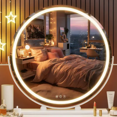 LED-Make-up-Spiegel rund 60 cm, dimmbar, 3 Lichtmodi, Touch, 360° drehbar