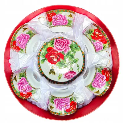 Zdjęcie produktu dla Porcelana cienka do kawy 6 szt filiżanka spodek złoty rant kwiat 260ml prez