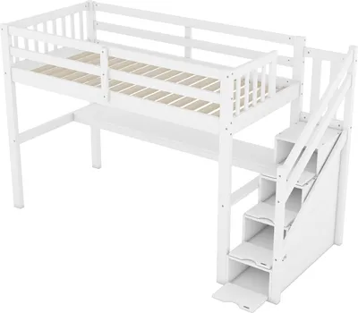 Produktbild von Kinderhochbett mit Stauraumschubladen und Unterbettschreibtisch 140x 200 , Weiß