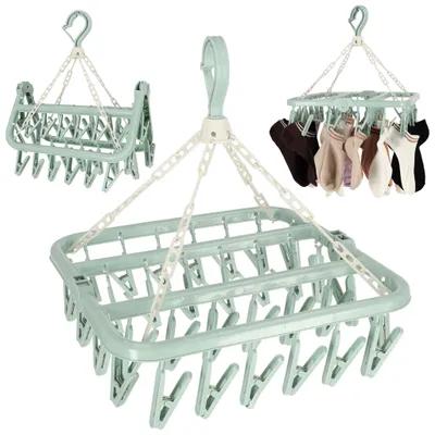 A collage of three different sock and underwear drying racks, one of which is shown with socks hanging on it.