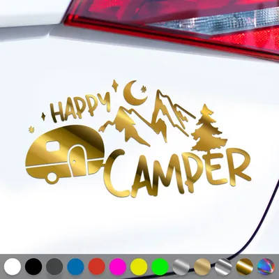 Produktbild von PantherPixel Camper Aufkleber Happy Glücklich Bus Wohnmobil Camping Sticker Auto Geschenkidee Farbe Chrom-Gold