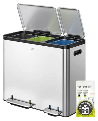 Image de Poubelle à 3 compartiments de 15 litres, avec pédale en acier inoxydable et couvercle à fermeture douce