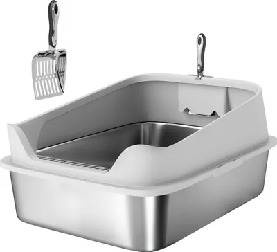 Produktbild von Katzentoilette aus Edelstahl mit Schaufel, hohen Seitenwänden, XXL