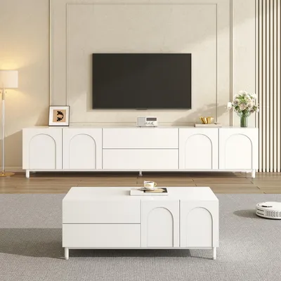 Produktbild von Moonbite Wohnzimmer-Set aus TV-Schrank und Couchtisch, Bogen-Türen, TV-Board 4 Türen 2 Schubladen, Stahlrohrfüße, MDF-Platte und Spanplatte, Weiß
