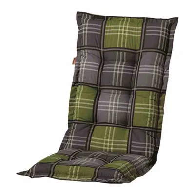 A chair cushion with a plaid pattern.