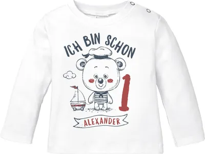 Produktbild von Baby Langarm-Shirt personalisiert mit Namen Ich bin schon 1 Bär Kapitän Captain Segelboot Geburtstagsshirt Jungen SpecialMe® 1 Jahr weiß 56/62 (1-3 Monate)