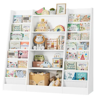 Image de Bibliothèque pour enfants - Étagère sur pied à 14 compartiments - Étagère de rangement en bois pour chambre d'enfant - 129,5 x 35 x 120 cm - Blanc
