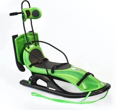 A green and black sled designed for people with disabilities.