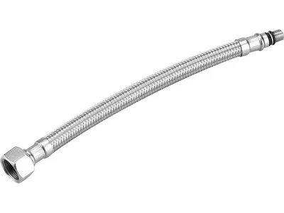 A single, silver, flexible hose with metal braiding and connectors on both ends, presented on a white background.