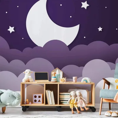 Produktbild von Selbstklebende Folie Fototapete - Moon dream - clouds in a purple sky with stars for children 98x70 cm Für Kinder e-A-10023-a-c