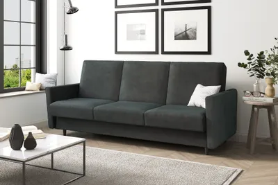 Produktbild von MEBLINI Sofa mit Schlaffunktion - Schlafcouch Ausziehbar - Schlafsofa mit Bettkasten - Sofabett - Couch mit Schlaffunktion - Klappsofa - ANDRES 2 - 218x87x93cm - Dunkelgrau Samt